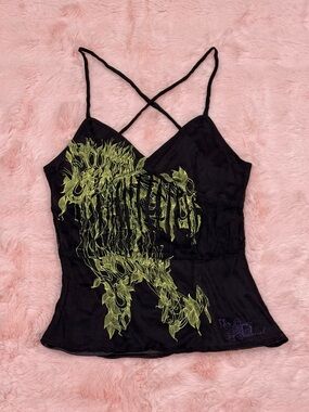 Diesel Silk Black & Green Abstract Cross Tank